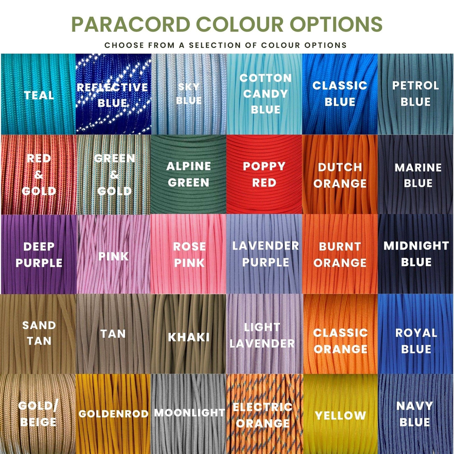 Cord colour options chart displaying customisation choices for the hands free dog lead.