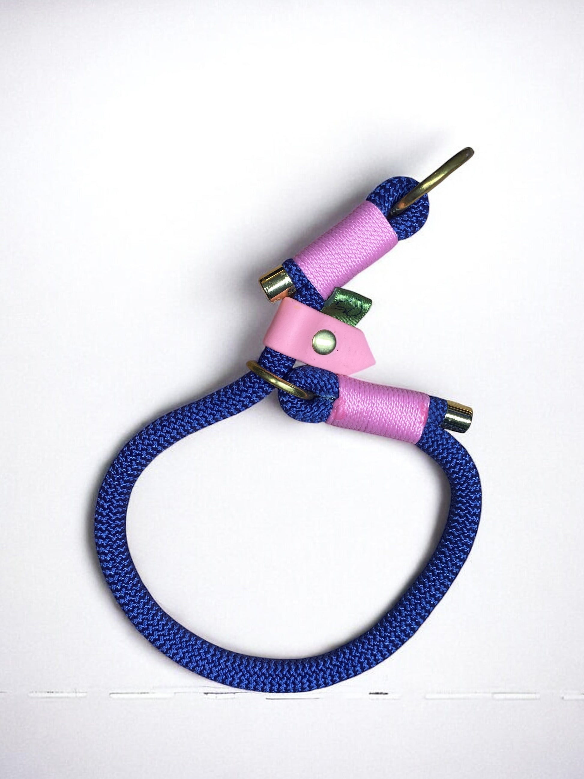 Adjustable Slip Collar with Marine Blue rope, Pink binding, and brass hardware, available in size up to 12.5"